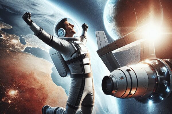{
"description": "An astronaut joyfully floating in space, with arms outstretched, surrounded by the Earth and a spacecraft. The scene captures the vastness of the universe, showcasing a vibrant Earth in the background and a spacecraft equipped with various instruments, illuminated by sunlight.",
"caption": "Experience the thrill of space exploration! 🌌 An astronaut celebrates in the cosmos, surrounded by Earth and a cutting-edge spacecraft.",
"alt_text": "An astronaut floating in space with arms raised, Earth visible