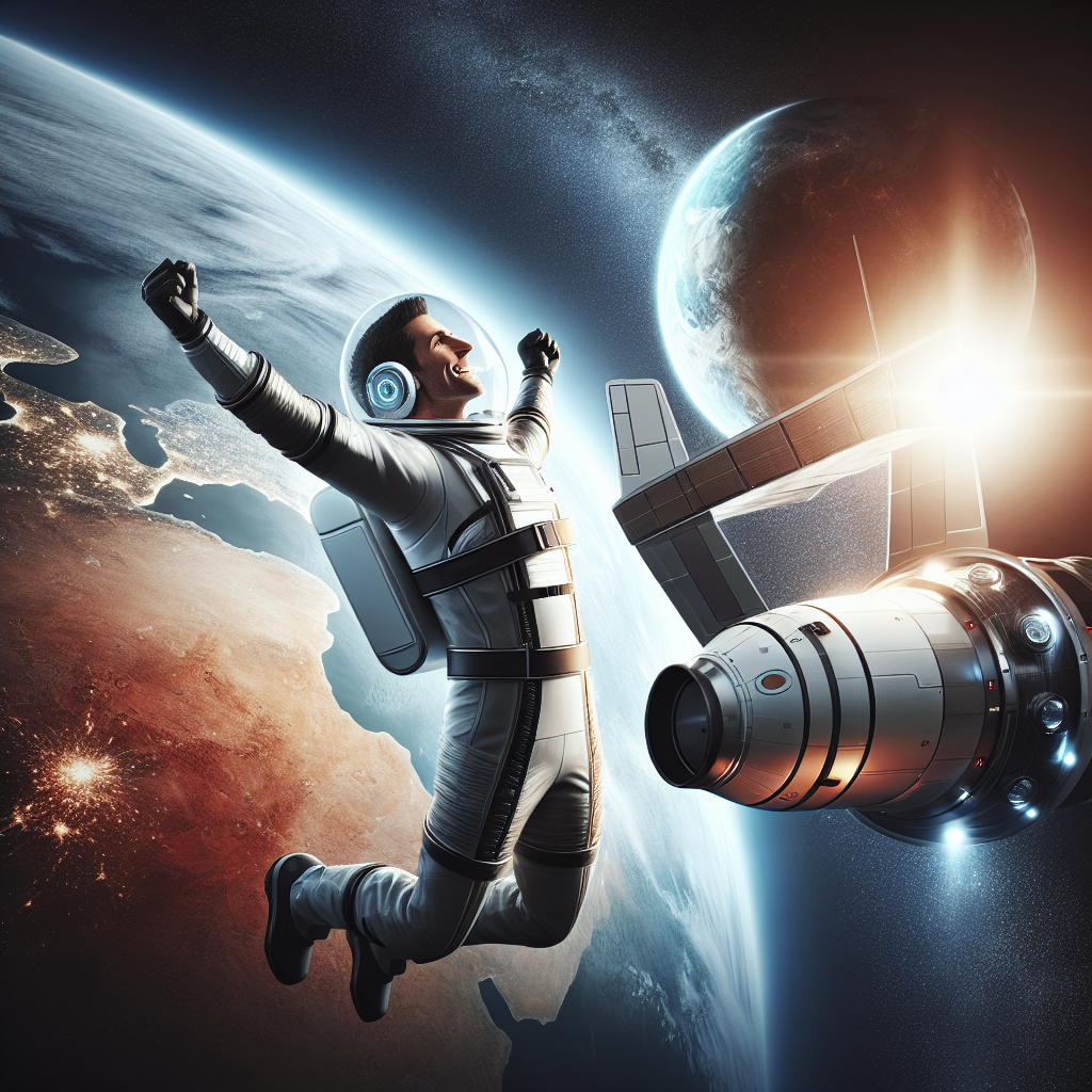 {
"description": "An astronaut joyfully floating in space, with arms outstretched, surrounded by the Earth and a spacecraft. The scene captures the vastness of the universe, showcasing a vibrant Earth in the background and a spacecraft equipped with various instruments, illuminated by sunlight.",
"caption": "Experience the thrill of space exploration! 🌌 An astronaut celebrates in the cosmos, surrounded by Earth and a cutting-edge spacecraft.",
"alt_text": "An astronaut floating in space with arms raised, Earth visible