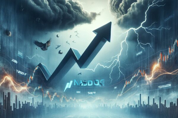 {
"description": "A digital artwork depicting a dramatic financial market scene with a rising stock chart represented by an upward arrow. The background features dark storm clouds and lightning, symbolizing market volatility. The NASDOG logo is prominently displayed, along with various financial data points and stock prices, enhancing the financial theme.",
"caption": "Navigating the stormy seas of the stock market with NASDOG! 📈 Experience the thrill of rising stocks against a dramatic backdrop.",
"alt_text": "Digital artwork showing