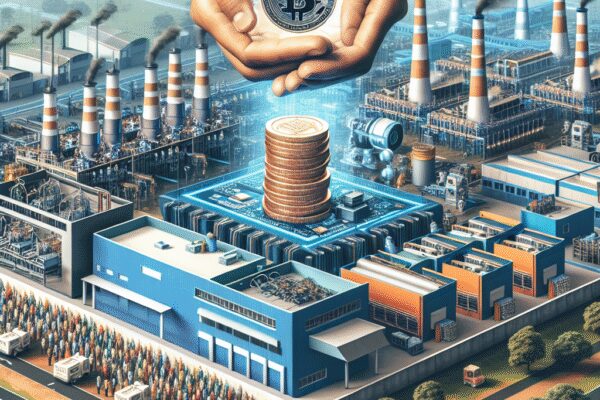 {
"description": "A digital illustration depicting a factory landscape with smokestacks and industrial buildings. In the foreground, a pair of hands holds a Bitcoin, while stacks of coins rise above a circuit board. The scene symbolizes the intersection of cryptocurrency and industrial production, showcasing a bustling environment with workers and delivery trucks.",
"caption": "Exploring the fusion of cryptocurrency and industry! 💰 This illustration highlights the role of Bitcoin in modern manufacturing.",
"alt_text": "Digital illustration of a factory with smok