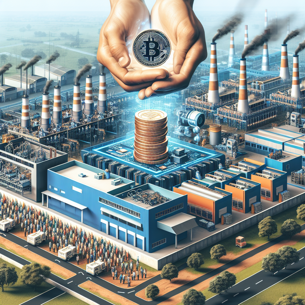 {
"description": "A digital illustration depicting a factory landscape with smokestacks and industrial buildings. In the foreground, a pair of hands holds a Bitcoin, while stacks of coins rise above a circuit board. The scene symbolizes the intersection of cryptocurrency and industrial production, showcasing a bustling environment with workers and delivery trucks.",
"caption": "Exploring the fusion of cryptocurrency and industry! 💰 This illustration highlights the role of Bitcoin in modern manufacturing.",
"alt_text": "Digital illustration of a factory with smok