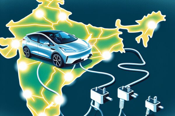{
"description": "An illustration depicting an electric vehicle connected to a charging network across a map of India. The car is shown with charging cables leading to various electric plugs, symbolizing the growing infrastructure for electric mobility in the country. Bright lines highlight major cities, showcasing the potential reach of electric vehicle charging stations.",
"caption": "Powering the future of transportation in India! 🚗⚡ This illustration highlights the expanding electric vehicle charging network across the nation.",
"alt_text": "Illustration of