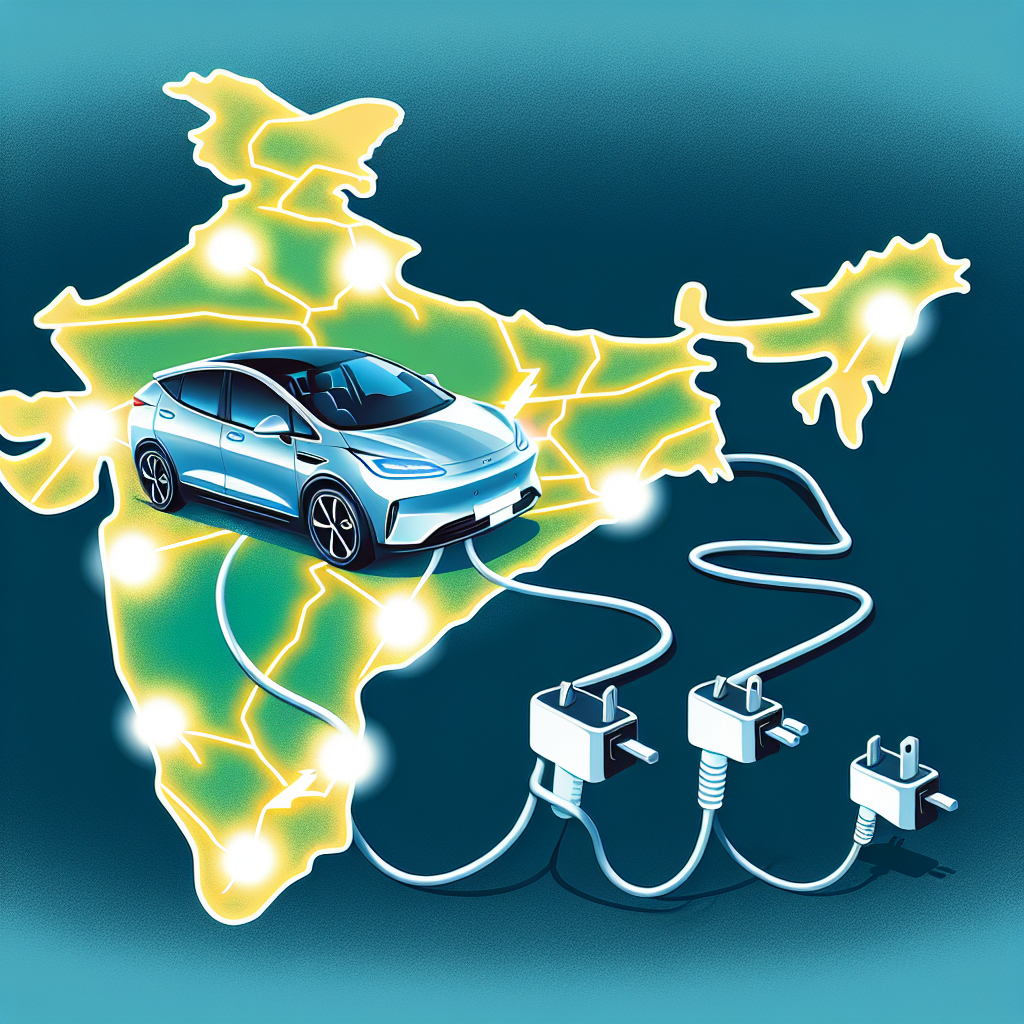 {
"description": "An illustration depicting an electric vehicle connected to a charging network across a map of India. The car is shown with charging cables leading to various electric plugs, symbolizing the growing infrastructure for electric mobility in the country. Bright lines highlight major cities, showcasing the potential reach of electric vehicle charging stations.",
"caption": "Powering the future of transportation in India! 🚗⚡ This illustration highlights the expanding electric vehicle charging network across the nation.",
"alt_text": "Illustration of