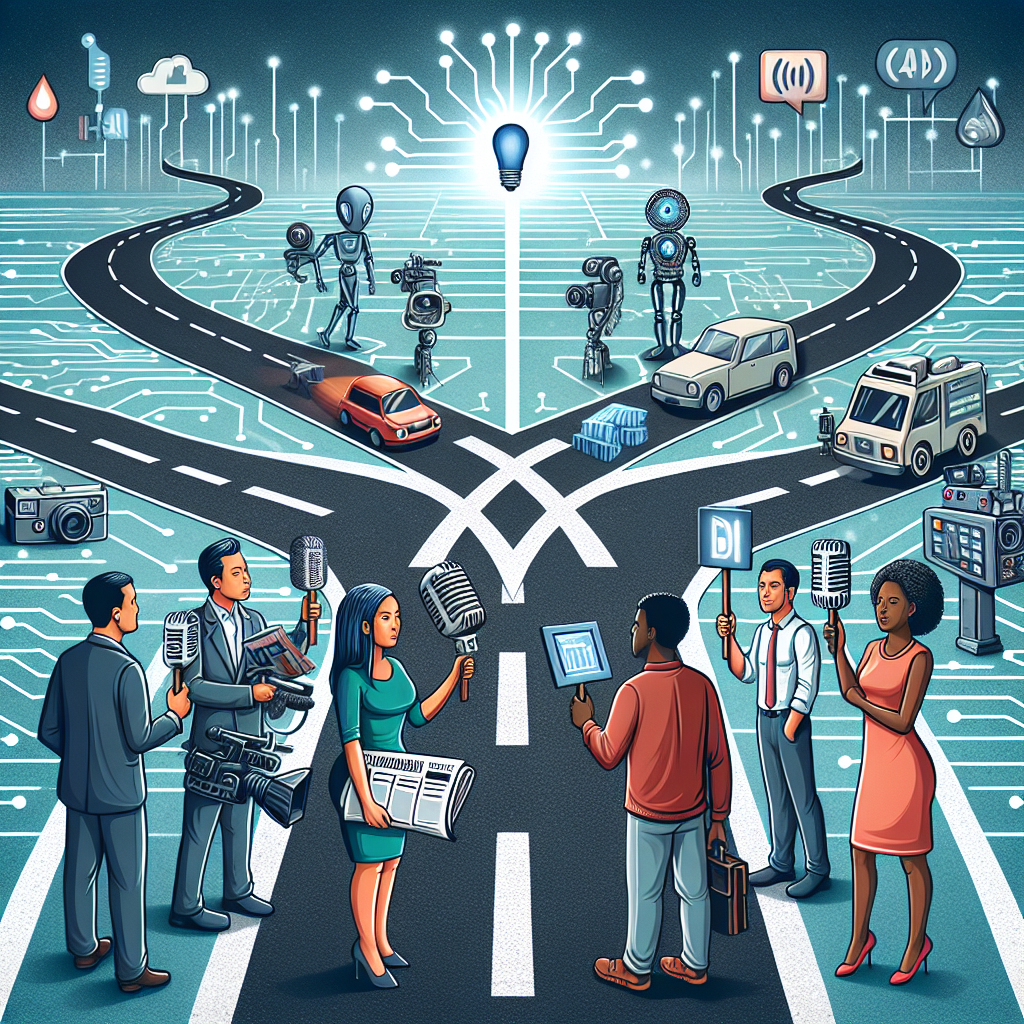 {
"description": "An illustration depicting a crossroads in a digital landscape, featuring diverse individuals holding microphones and tablets, representing various media and technology sectors. Robots and vehicles are visible, symbolizing innovation and automation. The scene conveys the intersection of communication, technology, and data-driven decision-making.",
"caption": "Navigating the crossroads of technology and media! Explore how innovation shapes communication in today's digital age.",
"alt_text": "Illustration of a digital crossroads with diverse individuals holding microphones and tablets, surrounded