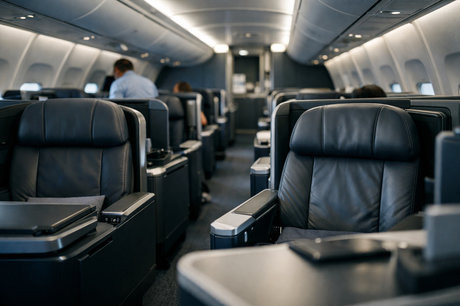 rows of wide business-class seats inside a commercial aircraft cabin with ambient overhead lighting and tray tables folded up
