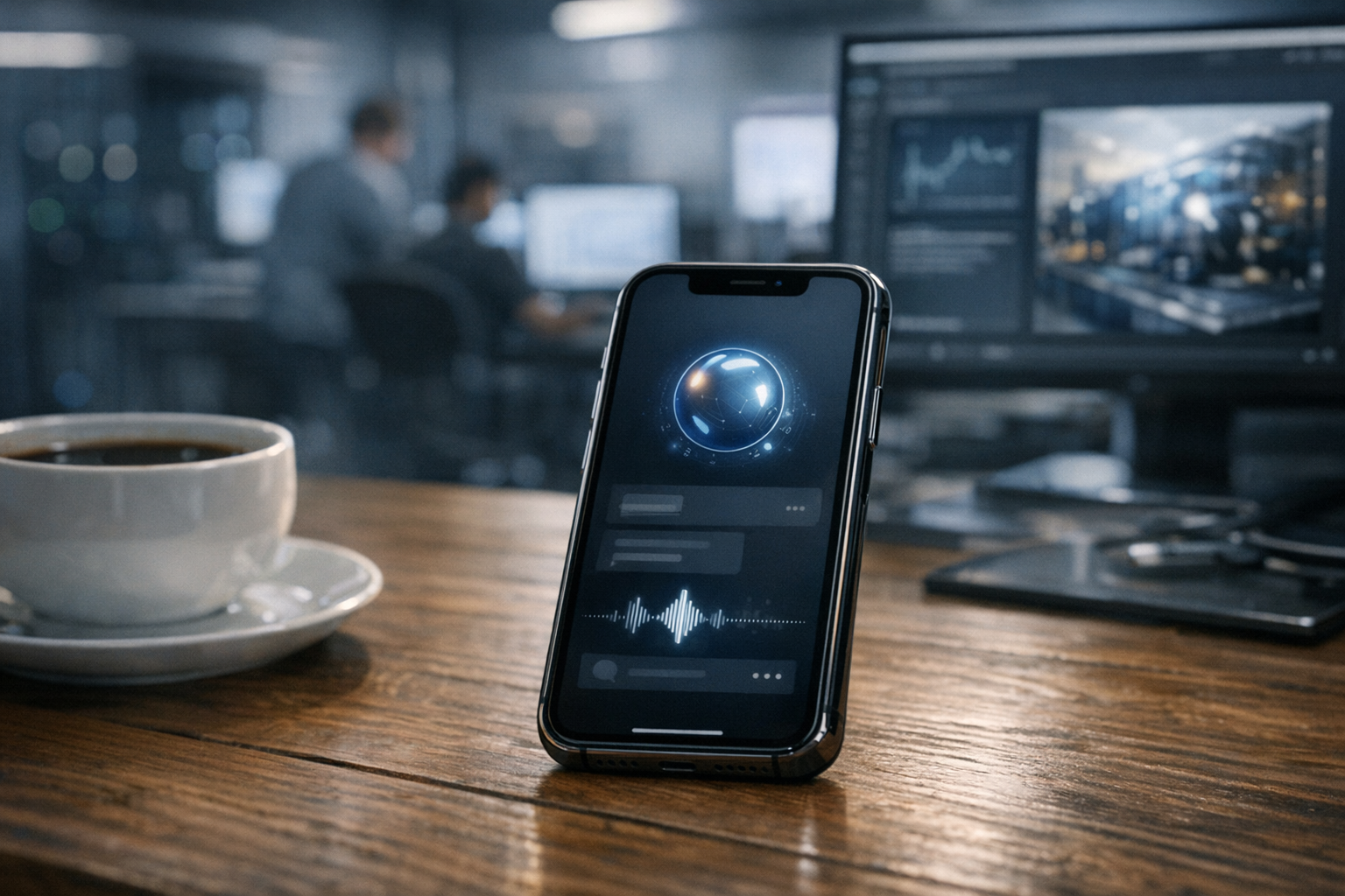 a close-up of an iPhone screen displaying an AI assistant interface, resting on a wooden desk beside a cup of coffee
