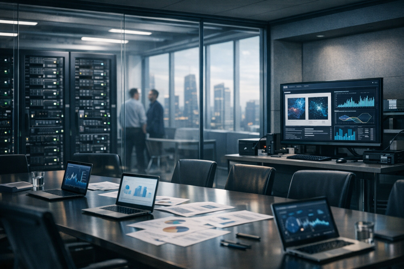 a glass-walled corporate conference room with laptops open on a long table, documents spread across the surface, city skyline visible through the window