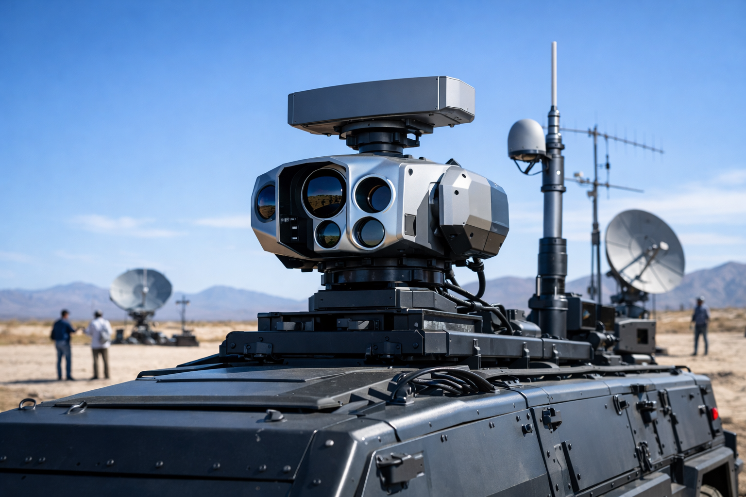 a sleek sensor array mounted on a military-grade vehicle in an open desert testing environment, with radar equipment and antennas visible against a clear sky