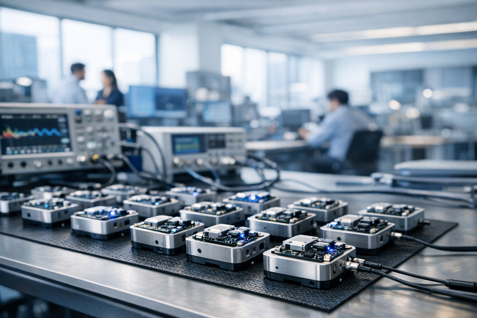 rows of compact electronic sensor modules on a workbench in an engineering lab, with oscilloscopes and testing equipment in the background