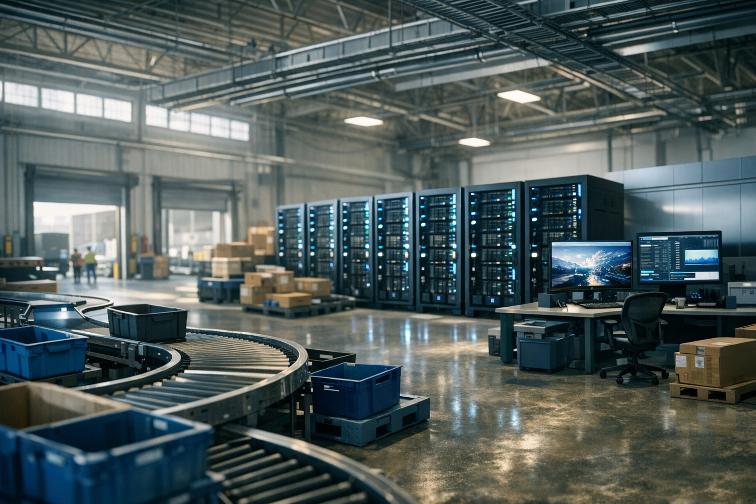 wide-angle view of an empty warehouse loading dock with idle conveyor belts and scattered inventory bins, natural light coming through high windows