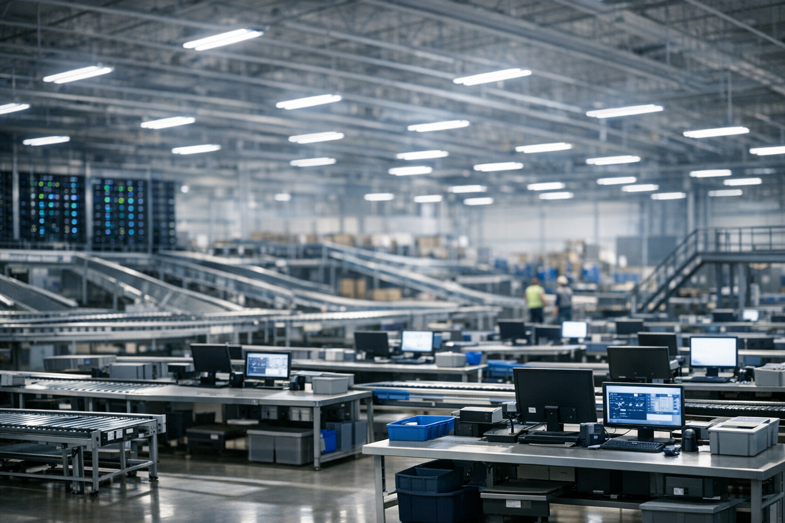 rows of empty workstations in a sprawling distribution center, with automated conveyor systems idle and ceiling-mounted fluorescent lights casting long shadows across the floor