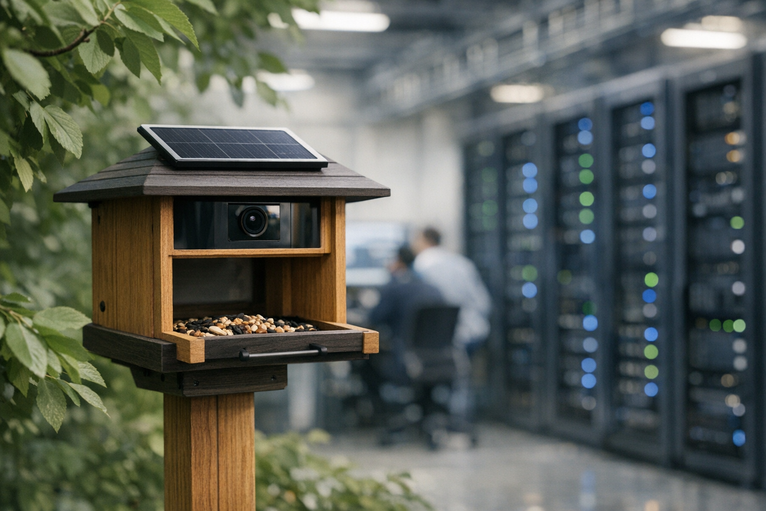 a wooden-style smart bird feeder mounted on a garden post with a small solar panel on top, surrounded by leafy green branches in soft natural light