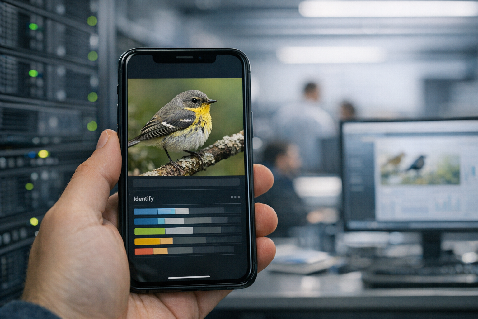 a close-up view of a smartphone screen displaying a bird species identification app interface with a photo of a small songbird and identification data
