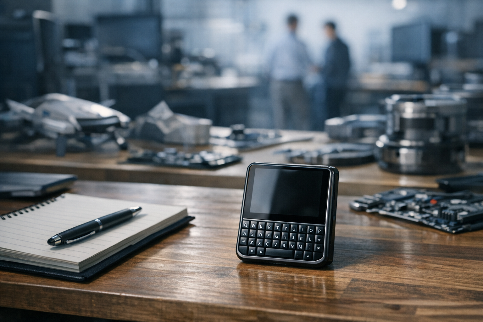 a compact rectangular smartphone with a small physical QWERTY keyboard below a 3-inch screen, resting on a wooden desk beside a notebook and pen