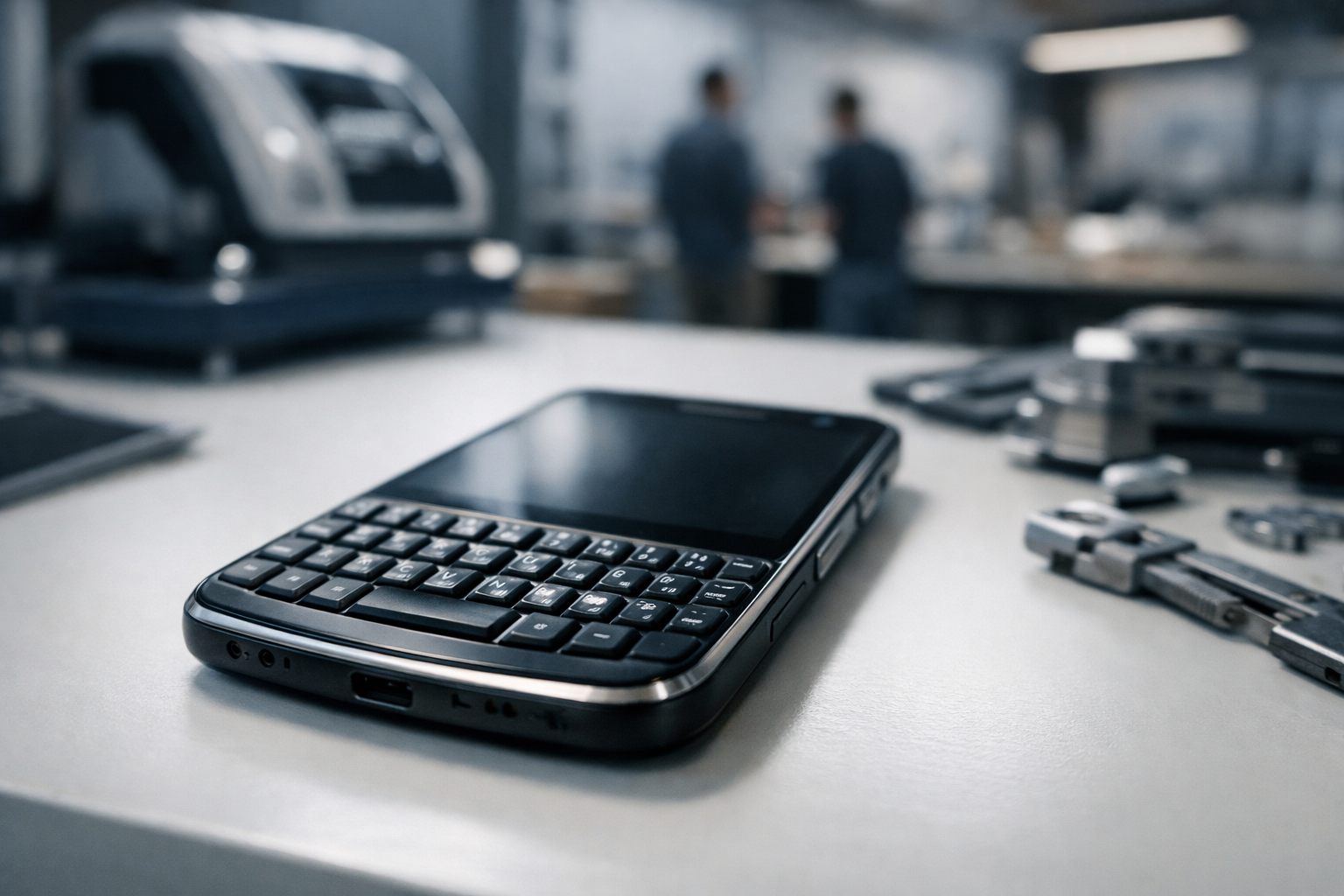 close-up of a physical QWERTY keyboard on a small Android smartphone, with keys slightly worn, sitting on a clean white surface