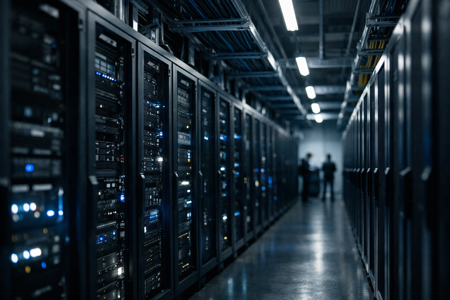 a wide-angle view of a modern cloud data center interior with rows of illuminated server racks and overhead cable trays