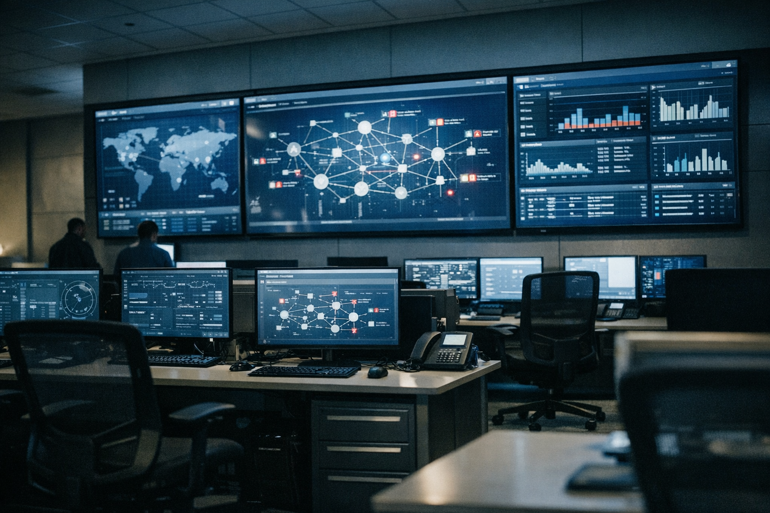 a security operations center with multiple large monitors displaying network topology maps and real-time alert dashboards, chairs empty in a quiet overnight shift