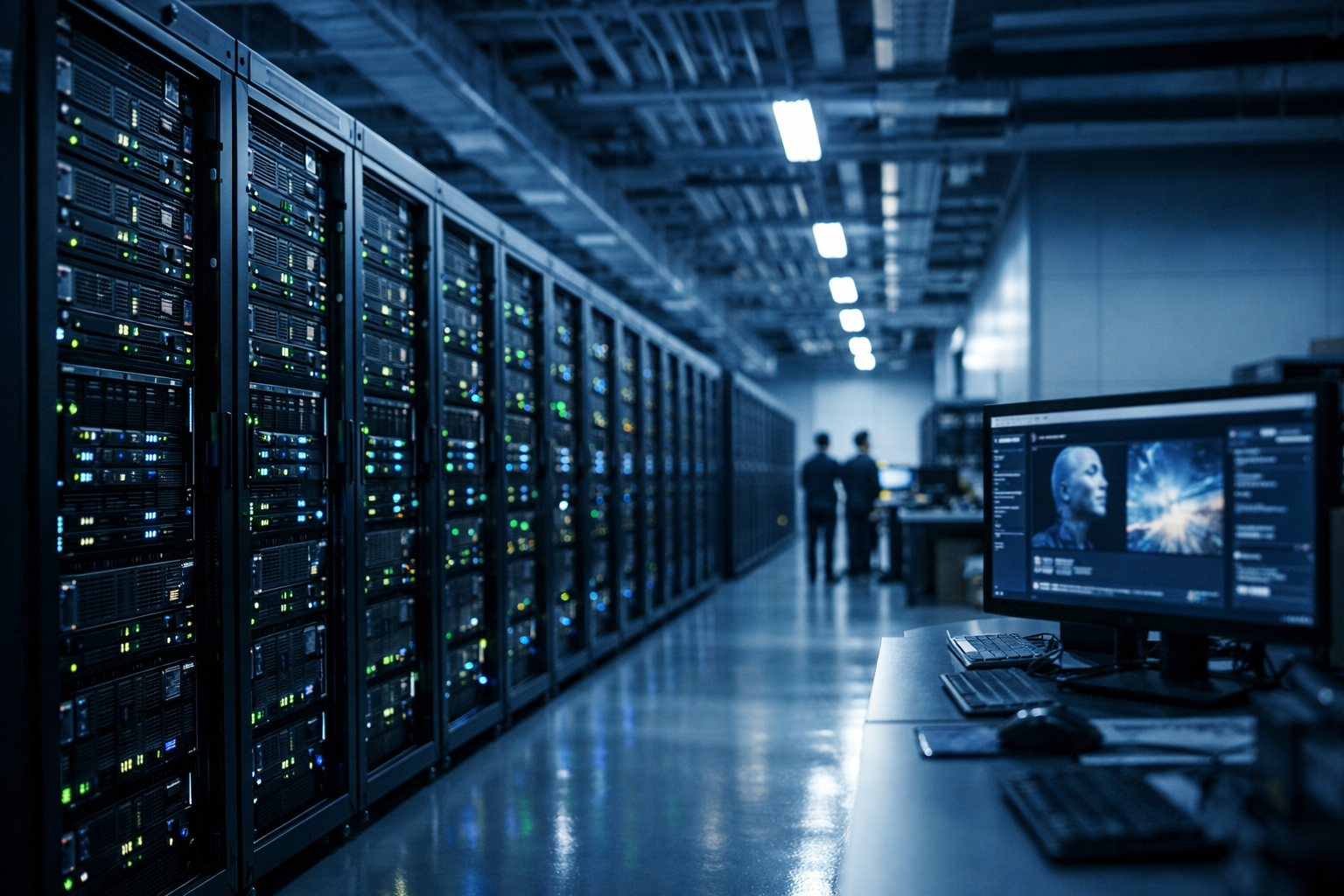 rows of high-density GPU server racks inside a large Chinese data center facility, overhead lighting casting blue tones across the aisle