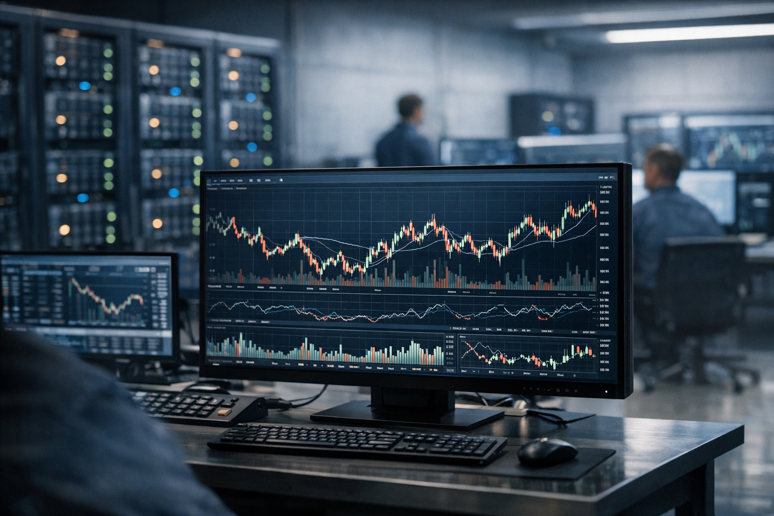 a financial trading terminal screen displaying volatile stock chart movements for major technology sector indices