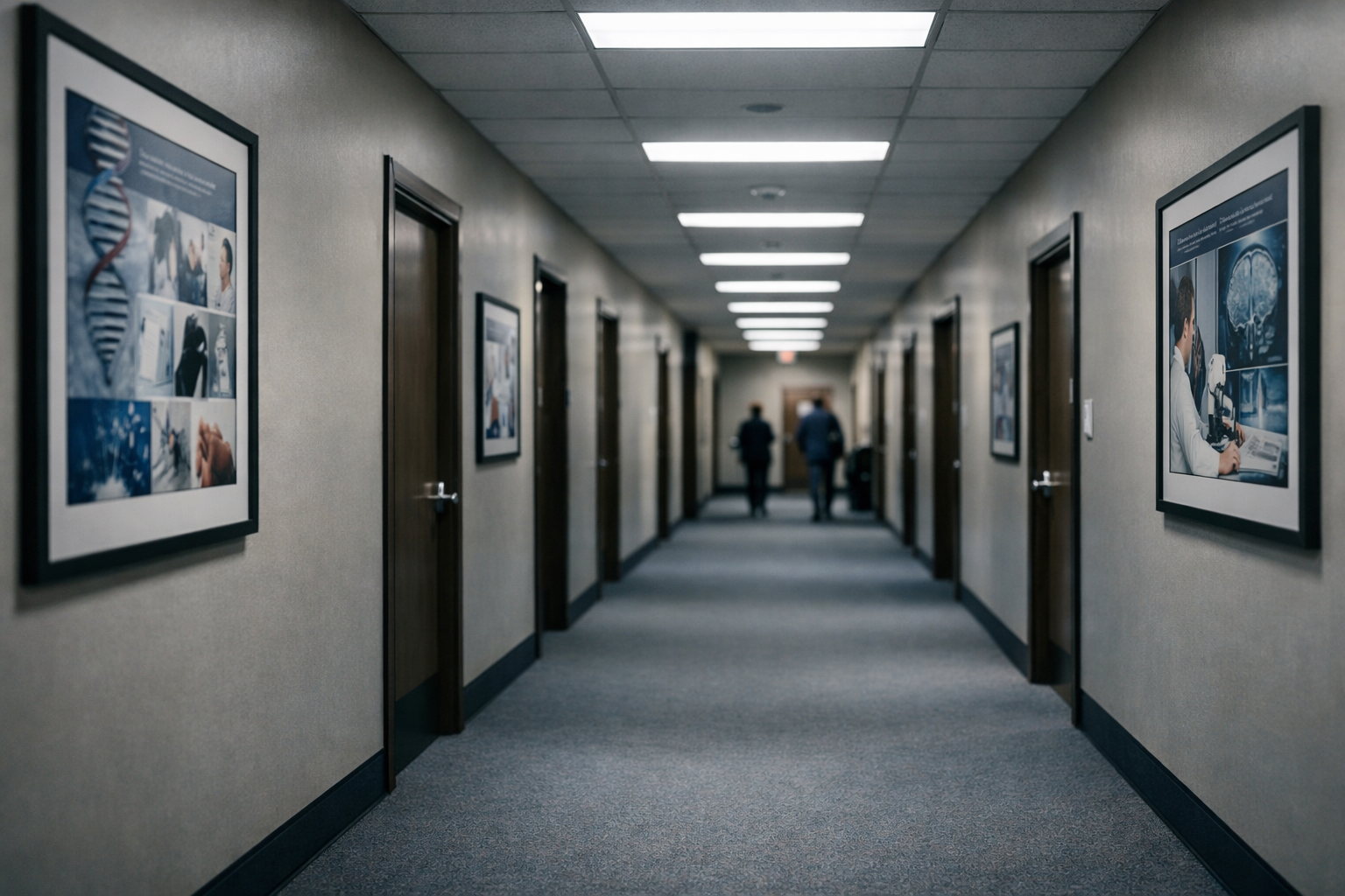 empty federal government office hallway lined with closed doors and institutional fluorescent lighting, framed health research posters visible on walls