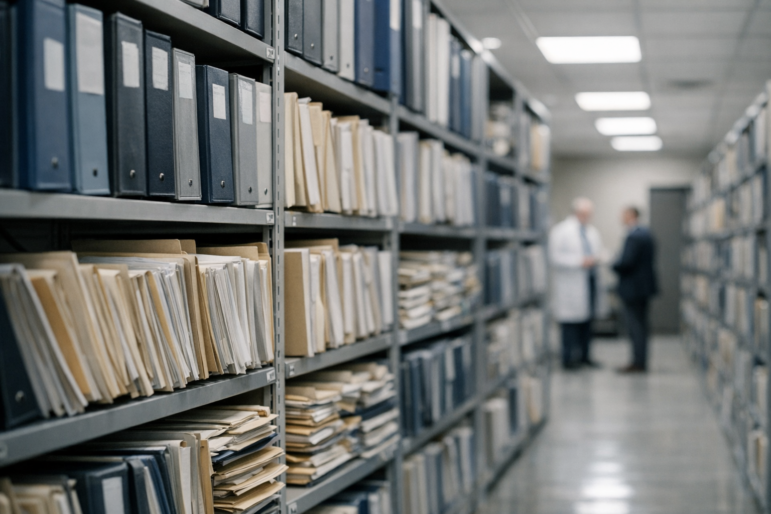rows of stacked clinical research binders and manila folders on metal shelving units inside a federal archive storage room