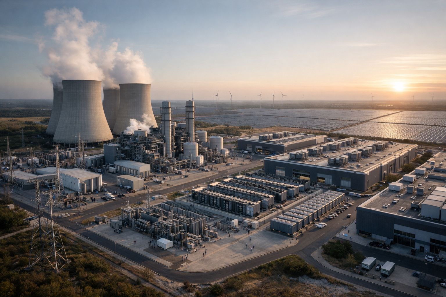 aerial view of a large natural gas power plant adjacent to a sprawling data center campus, industrial cooling towers visible, late afternoon light
