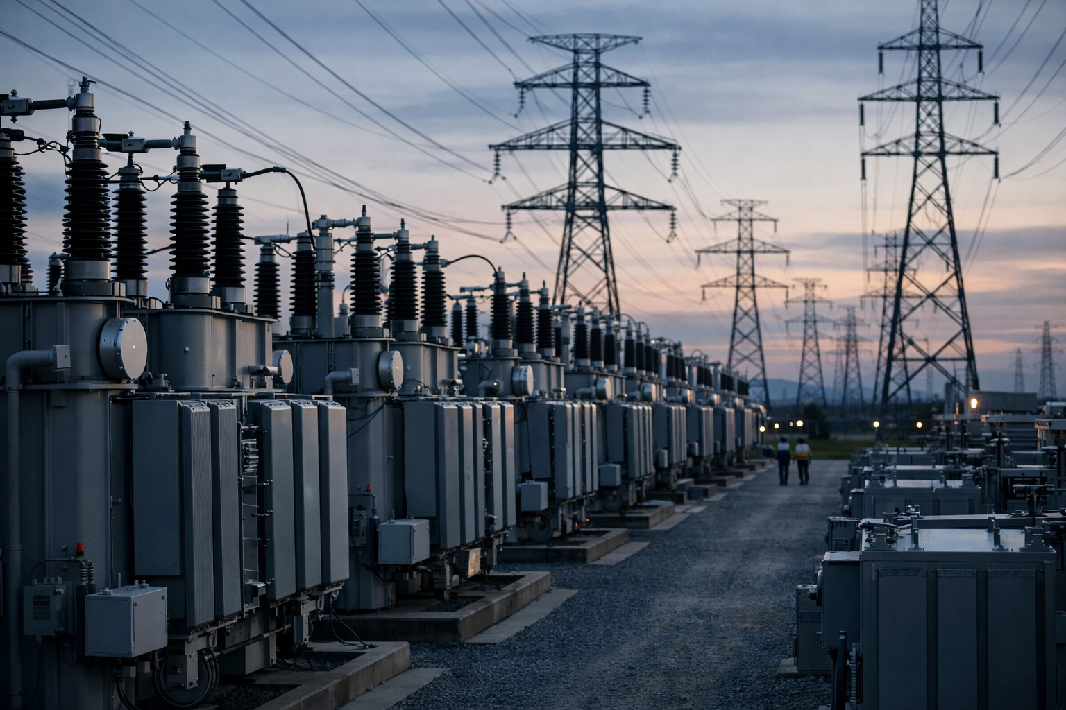 rows of high-voltage electrical transformers inside a substation yard at dusk, transmission lines stretching toward the horizon