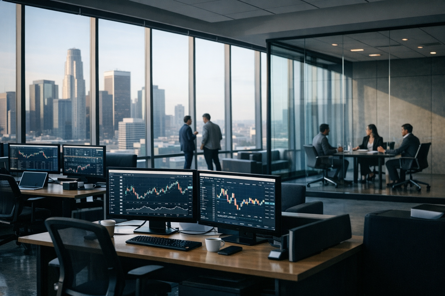 open-plan venture capital office interior with floor-to-ceiling windows overlooking a city skyline, rows of monitors displaying financial dashboards