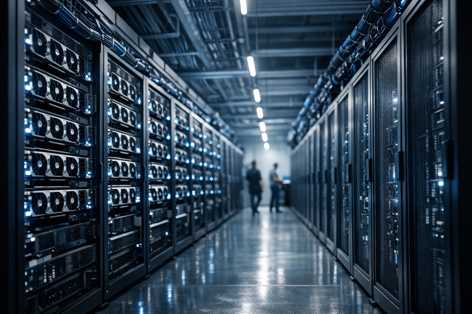 rows of GPU server racks inside a large data center corridor, lit by cool blue overhead lighting with cable management visible along the ceiling