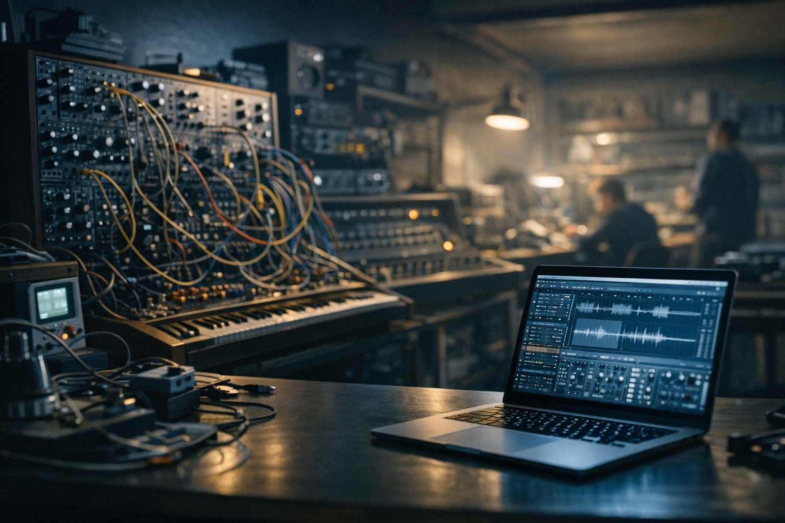 a dimly lit home recording studio with analog synthesizers, tangled patch cables, and a laptop screen glowing in the foreground