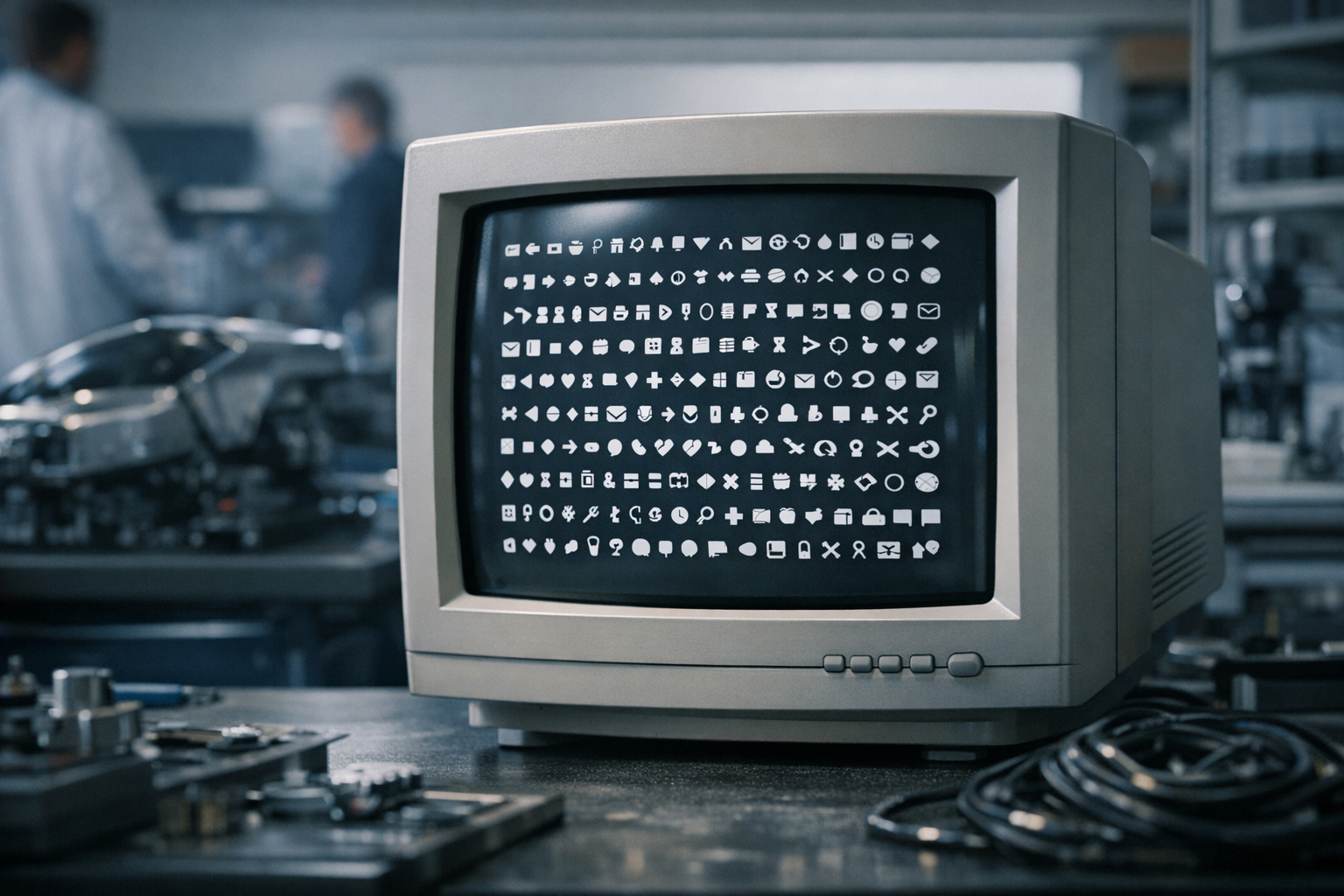 a close-up of a vintage CRT monitor displaying rows of Wingdings symbols against a dark desktop background