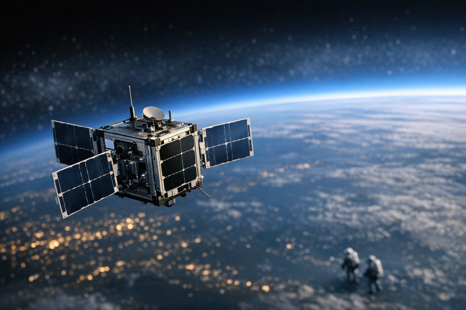 a compact satellite in low Earth orbit against the curved blue arc of Earth's atmosphere, with distant city lights visible below