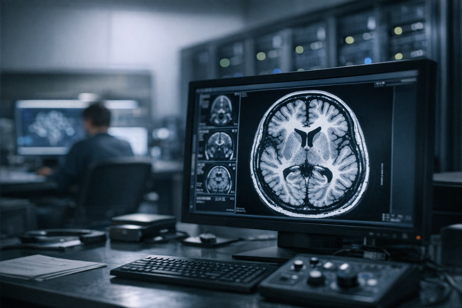 close-up of an MRI brain scan displayed on a high-resolution medical monitor in a dimly lit clinical reading room