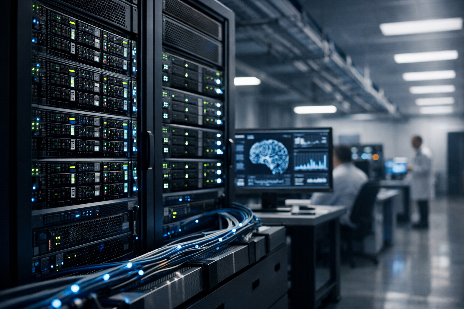 a server rack cluster in a medical-grade data center with blinking indicator lights and fiber optic cabling visible along the floor