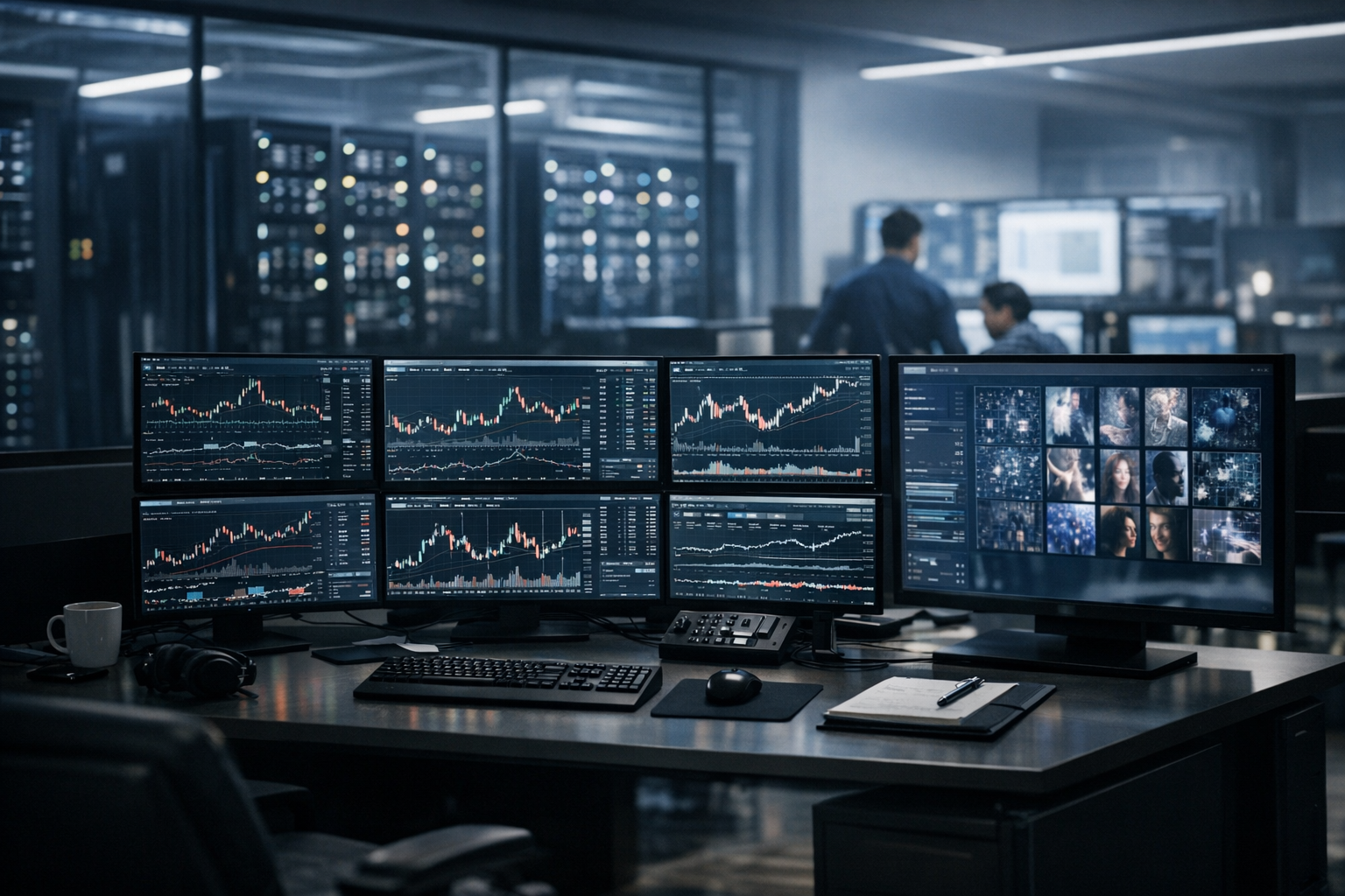 a multi-monitor trading desk displaying live stock and cryptocurrency charts with real-time data feeds, in a dimly lit professional trading office