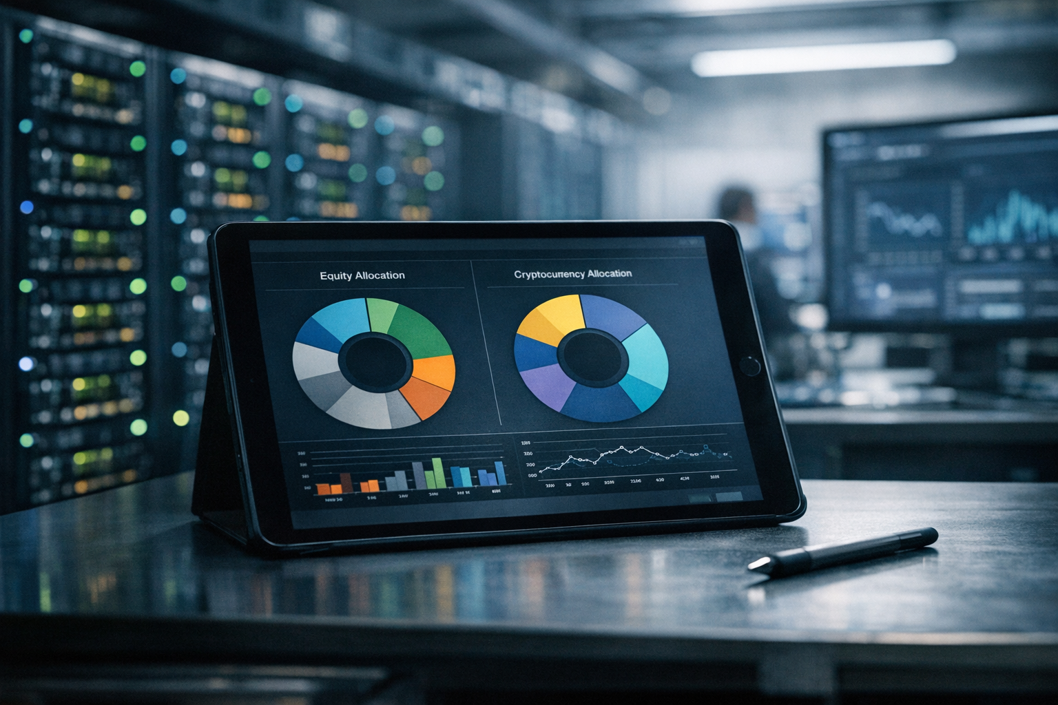 a close-up of a tablet screen showing an AI-generated portfolio analysis dashboard with equity and cryptocurrency asset allocation charts side by side