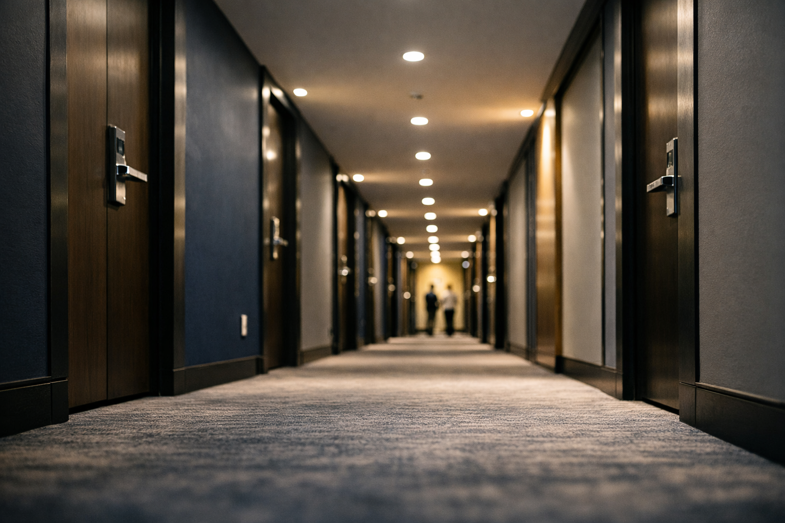 a hotel lobby corridor with rows of identical room doors receding into the distance, shot from a low angle under warm overhead lighting