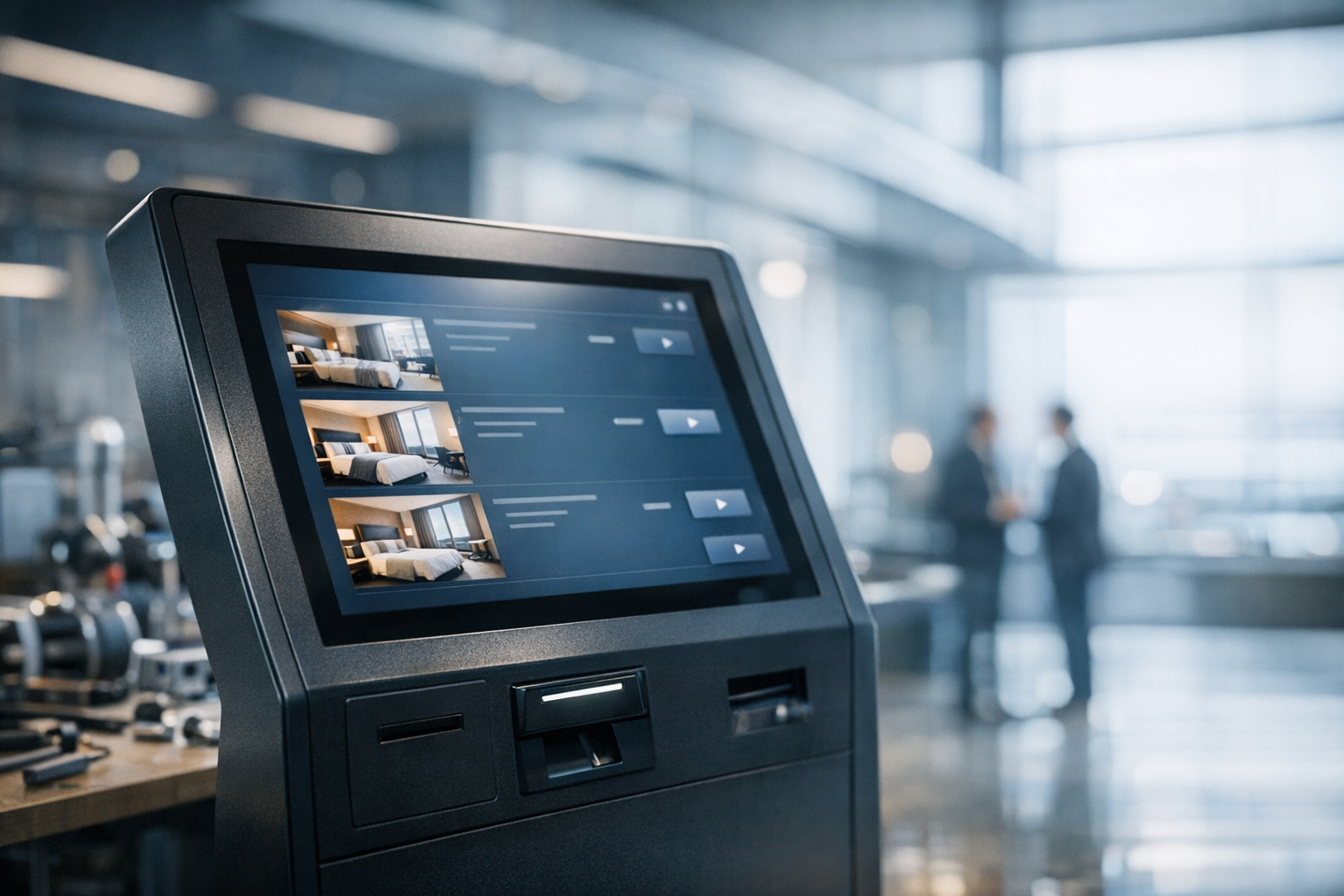 a close-up of a touchscreen hotel check-in kiosk displaying room availability and pricing data in a modern lobby