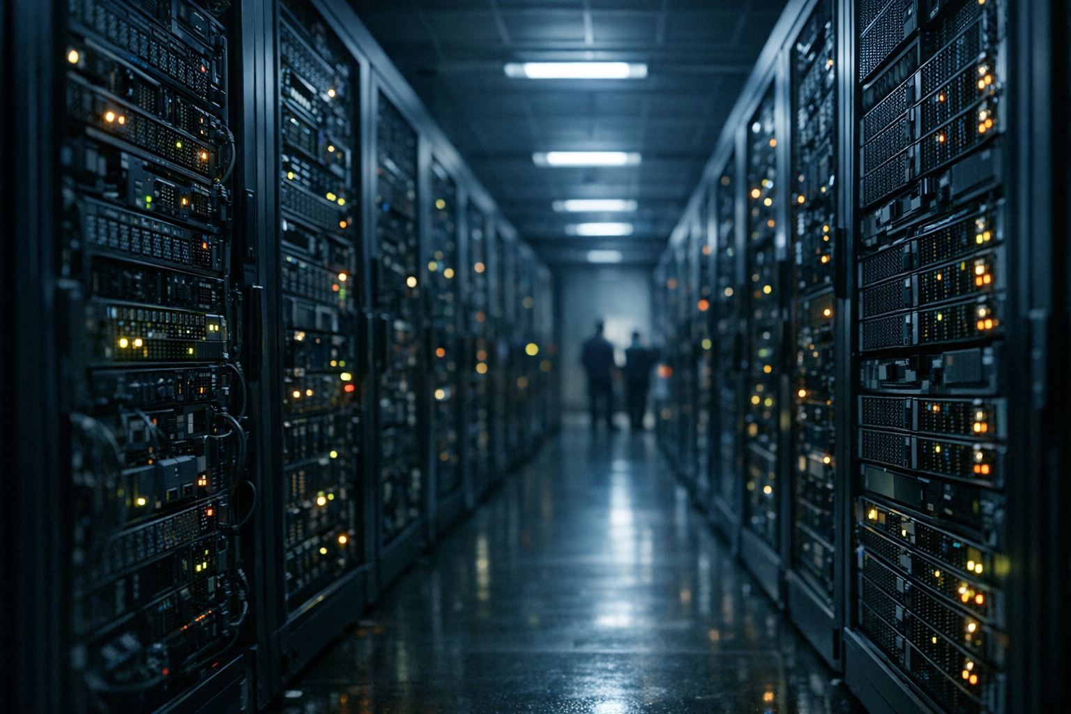 a wide-angle view of a data center corridor lined with dense GPU server racks, indicator lights blinking in low ambient lighting