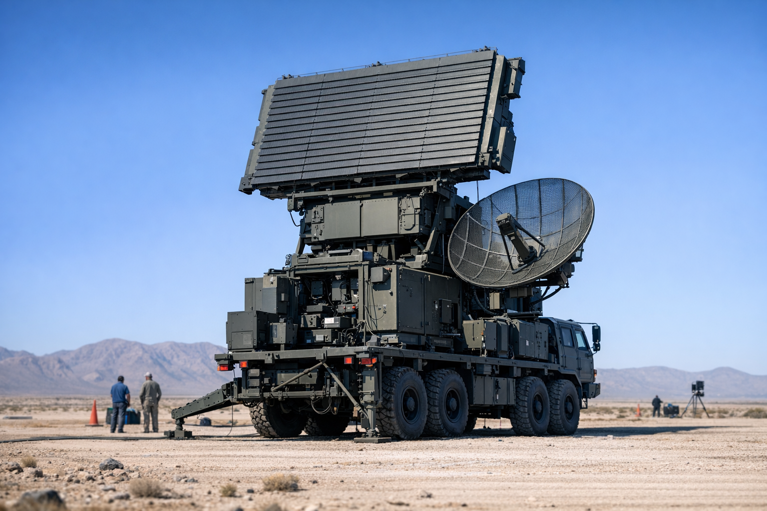 a radar antenna array mounted on a mobile military vehicle in an open desert testing environment, with clear blue sky above