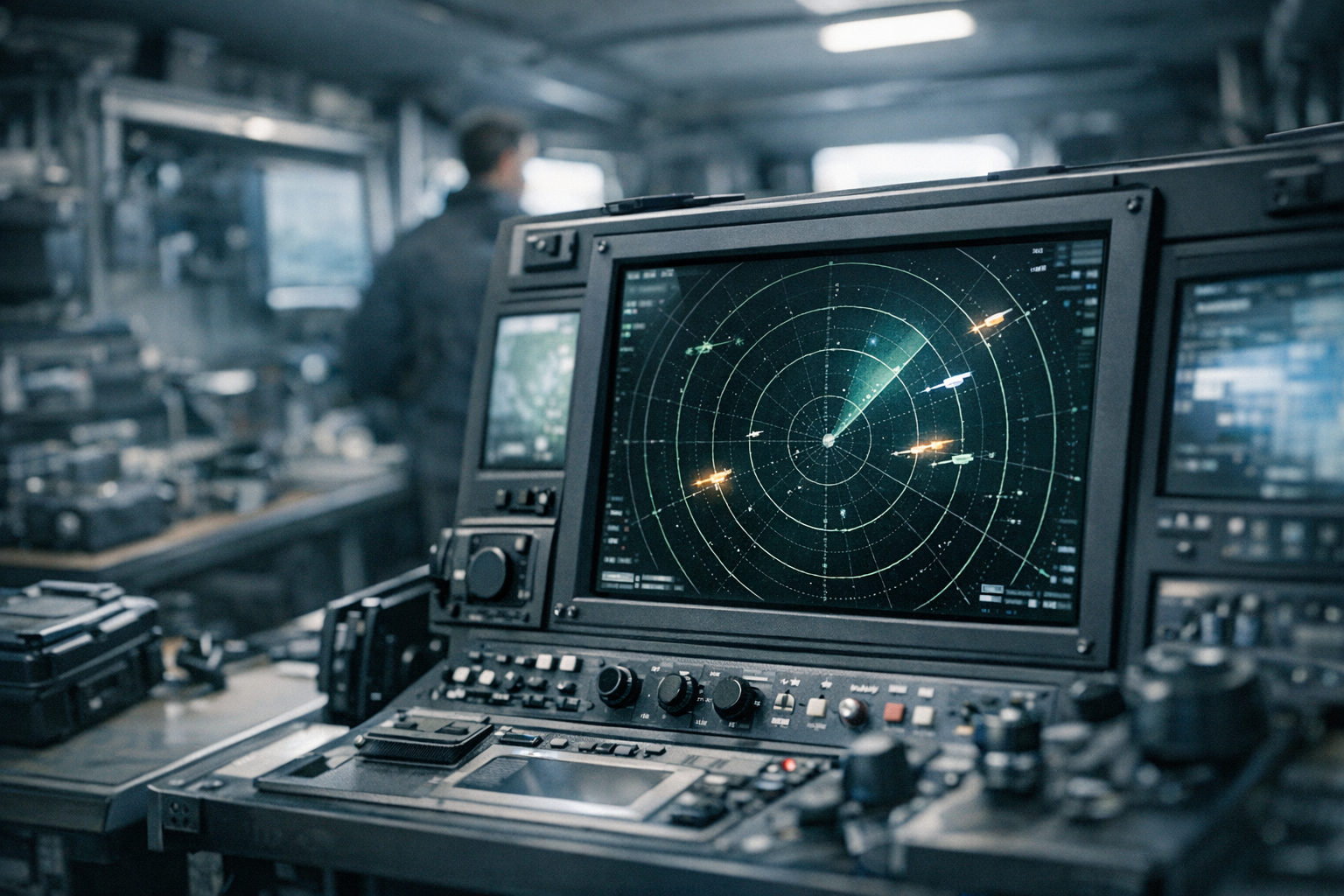 a close-up of a radar operator console displaying multiple tracked aerial contacts on a digital tactical display screen inside a mobile command unit