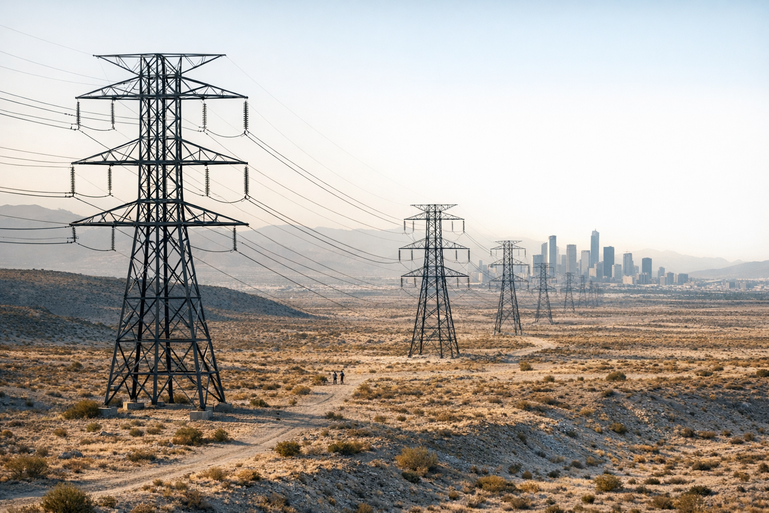 aerial view of high-voltage electrical transmission towers and power lines stretching across an arid landscape toward a distant city skyline