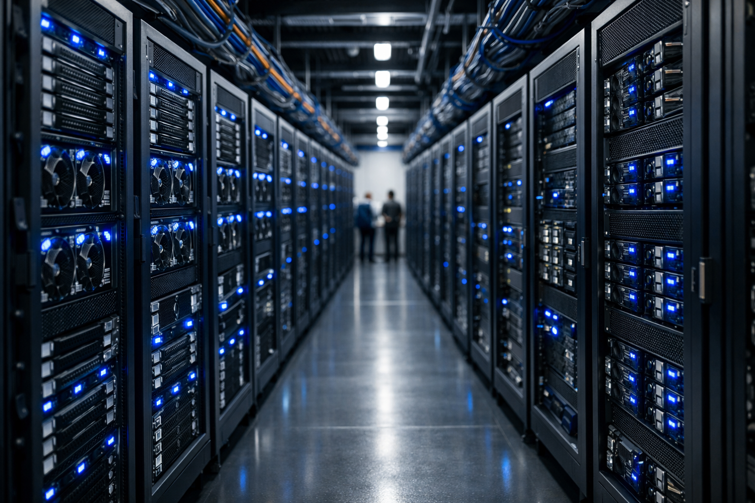 rows of densely packed GPU server racks inside a data center aisle, with blue indicator lights and bundled cables running along the ceiling
