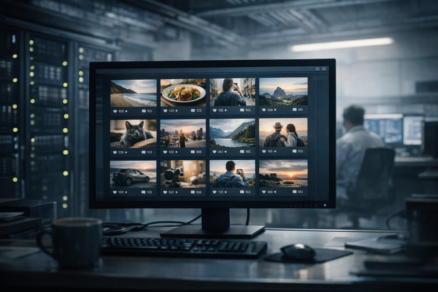 a monitor displaying a grid of AI-generated social media post drafts with engagement metrics on screen, photographed in a dim office environment