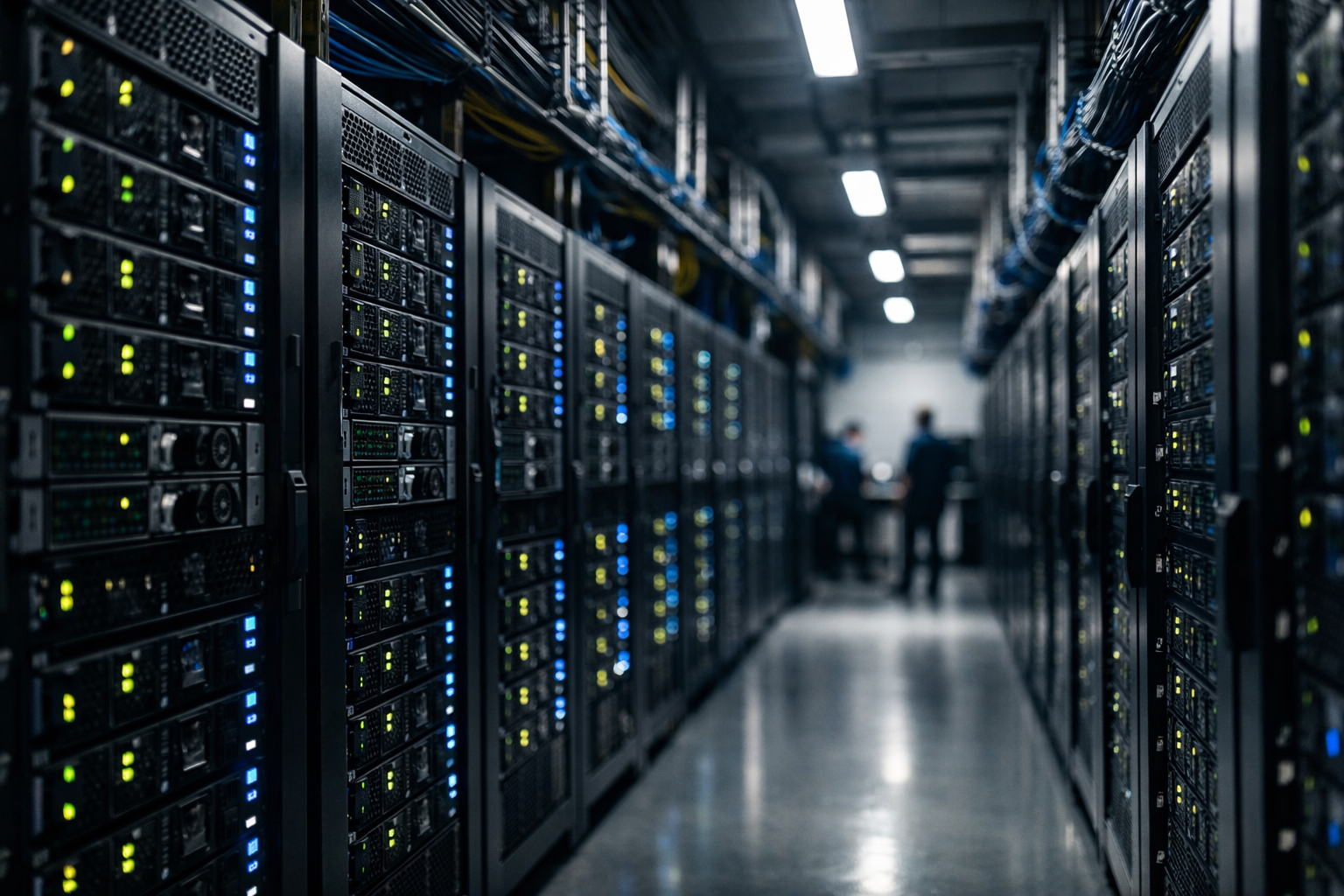 rows of physical servers inside a dimly lit data center corridor, cables bundled along the ceiling, indicator lights blinking in sequence
