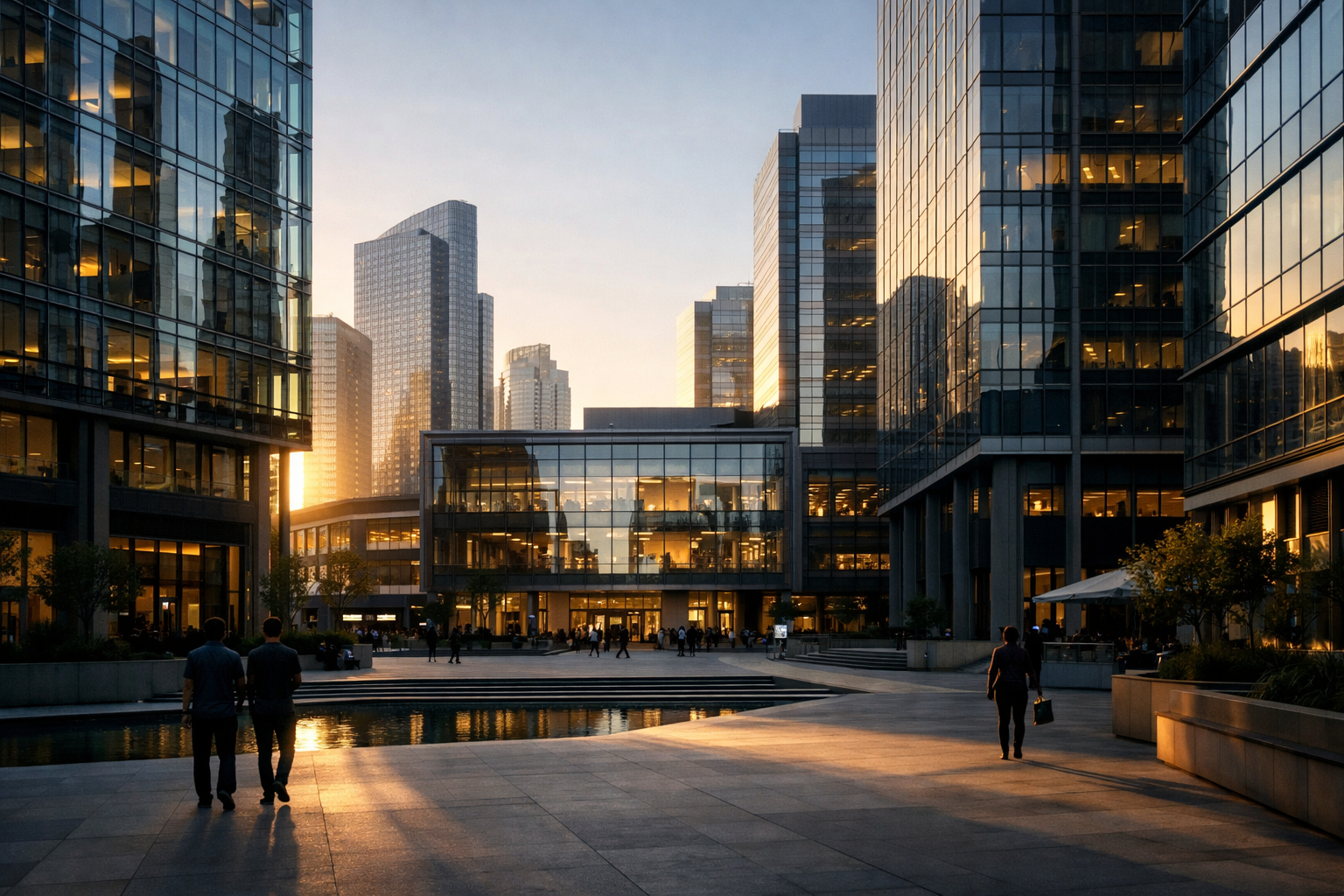 rows of modern glass office towers in a dense urban tech district, shot at golden hour with long shadows across a plaza