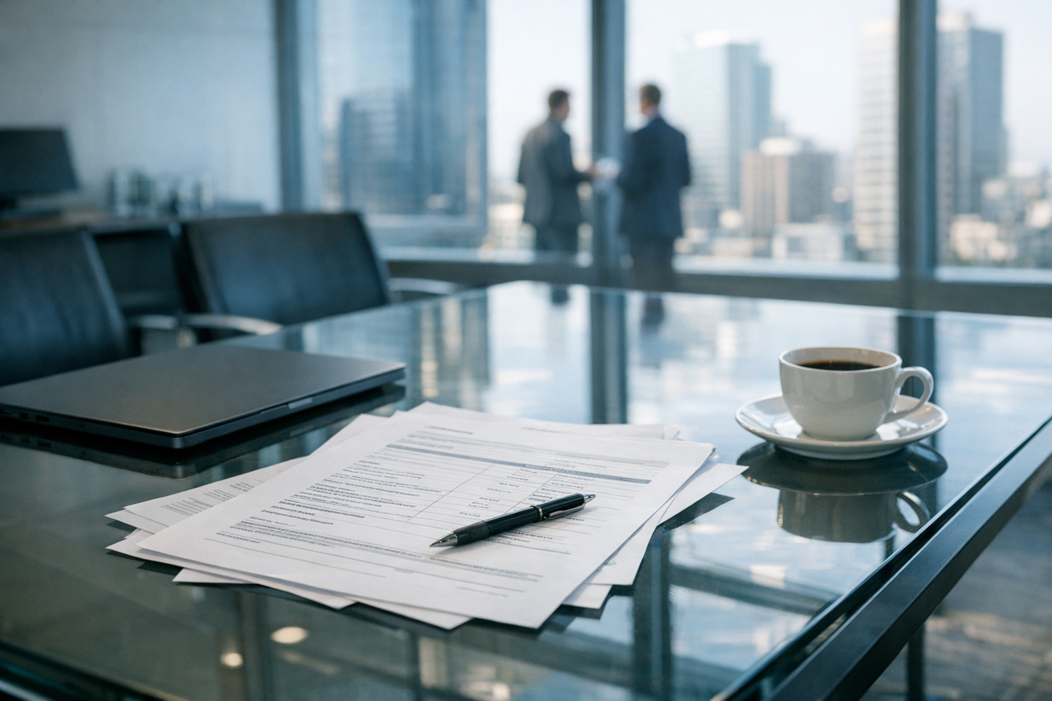 a venture capital term sheet document spread across a glass conference table beside a closed laptop and a coffee cup, natural window light