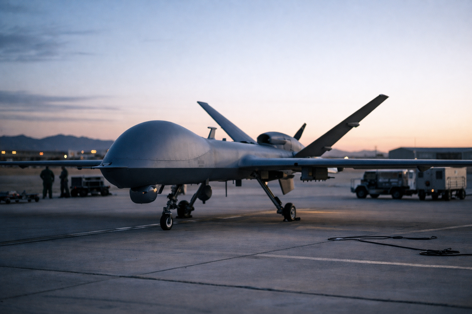 a military-grade fixed-wing UAV on a desert airbase tarmac at dusk, ground crew equipment visible in the background