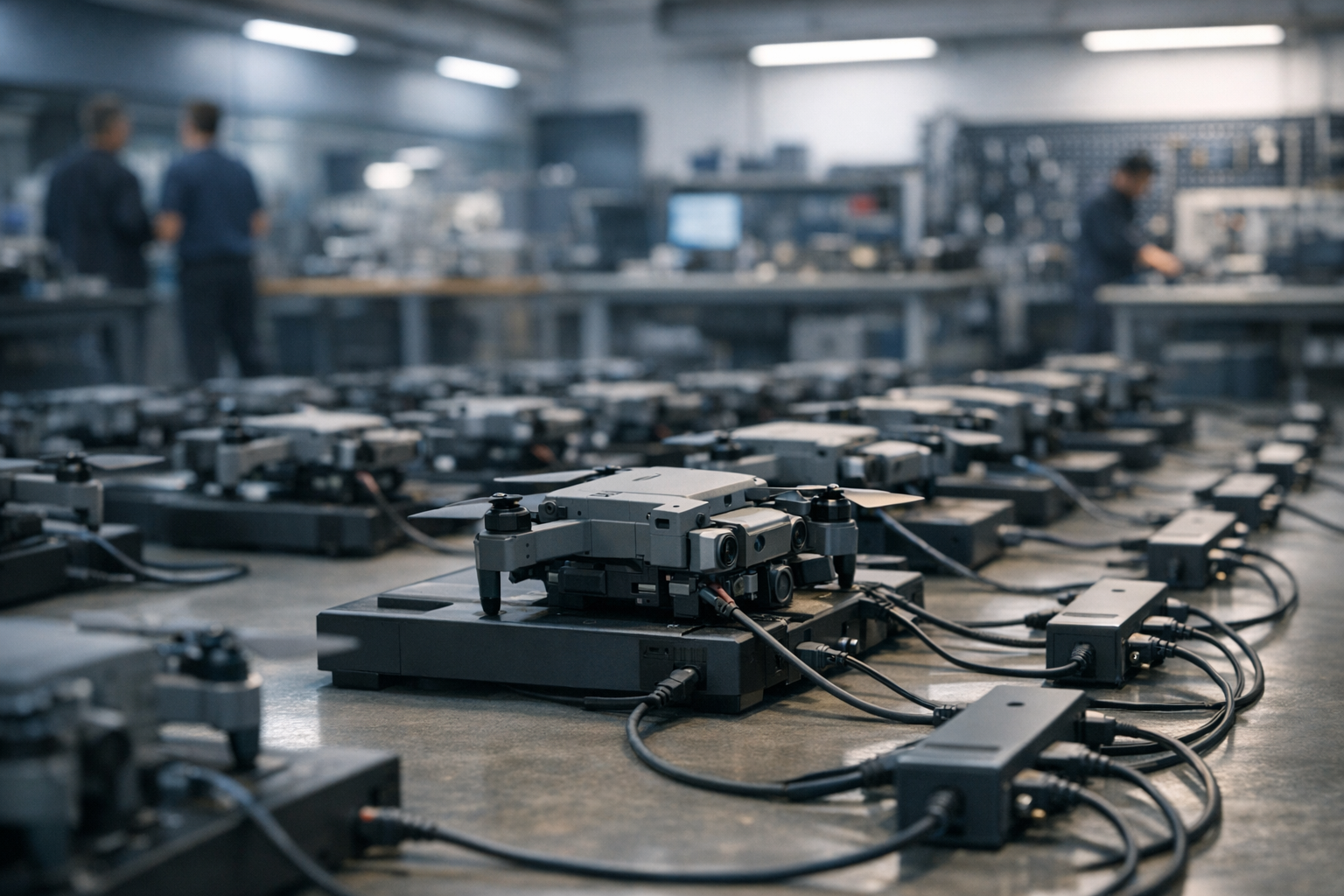 rows of compact military quadcopters in a climate-controlled storage hangar, charging stations and cabling visible along the floor