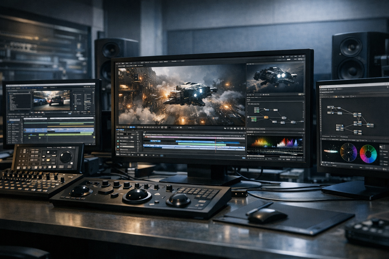 a professional video editing suite with multiple monitors displaying timeline software and visual effects compositing tools, no people visible at the workstation